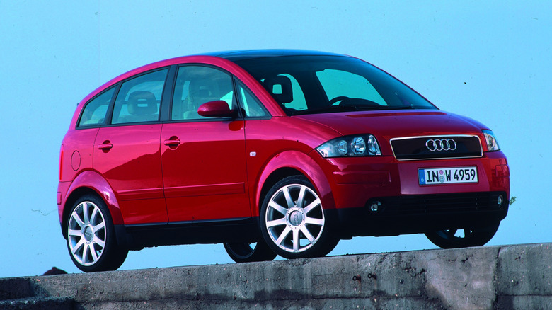 Red 2002 Audi A2 front 3/4 view