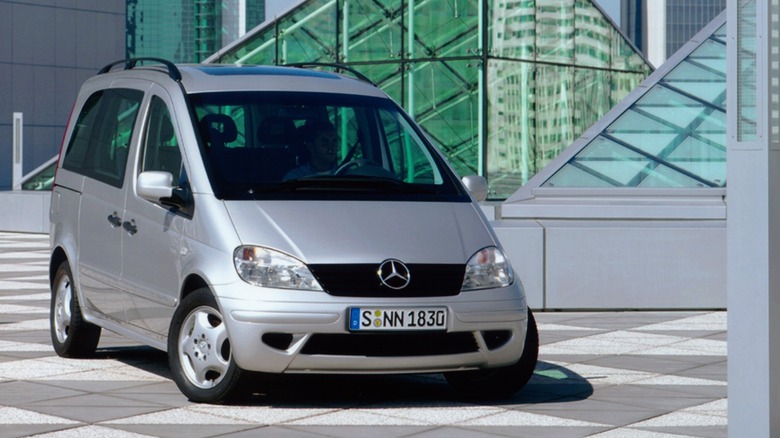 2001 Mercedes-Benz Vaneo minivan parked near glass pyramids front 3/4 view