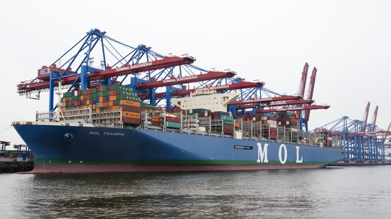 Ultra large container ship docked in harbor