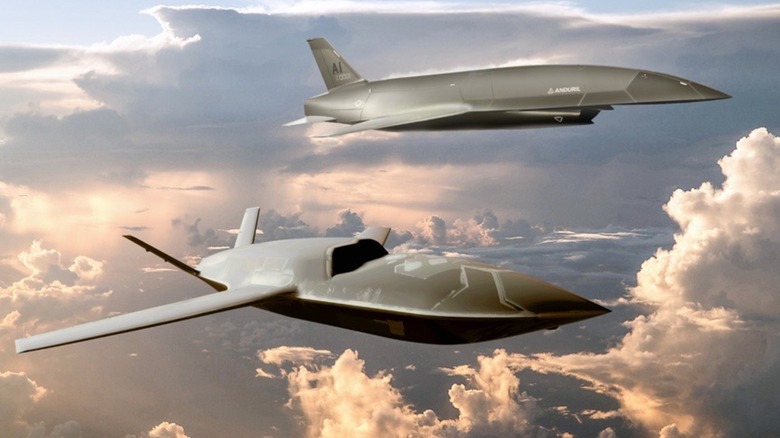 Concepts of the uncrewed fighter aircraft YFQ-42A (bottom) and the YFQ-44A are pictured in artwork