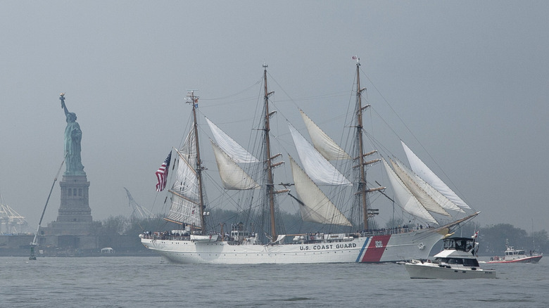 Sailing ship near the Statue of Liberty