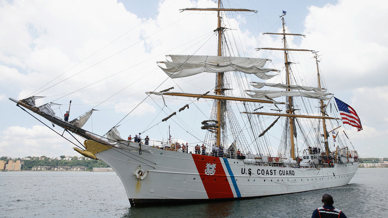 Closeup of a white sailing ship