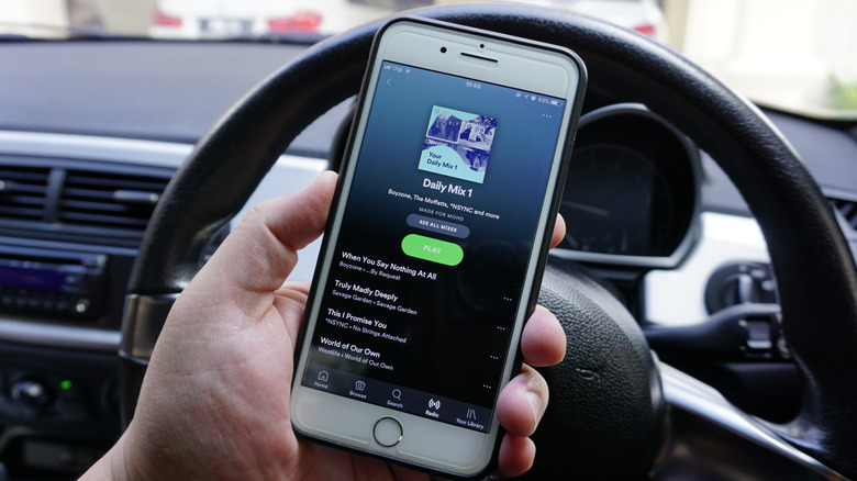 person holding phone in car