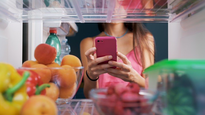 Holding a phone towards refrigerator 