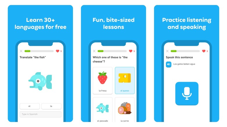 Screenshots of Duolingo language app