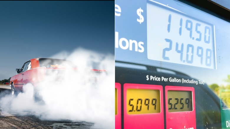 Powerful car smoking tires juxtaposed with high gas prices