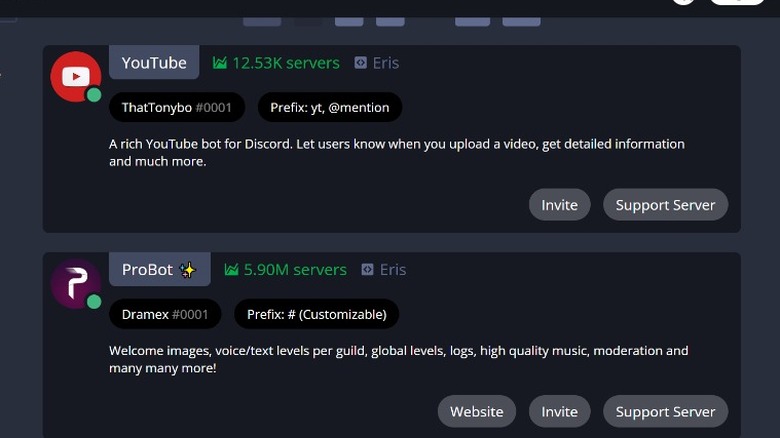 screenshot of home screen of available discord bots website