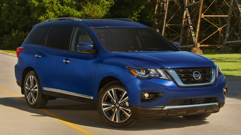 Blue 2020 Nissan Pathfinder parked on tarmac