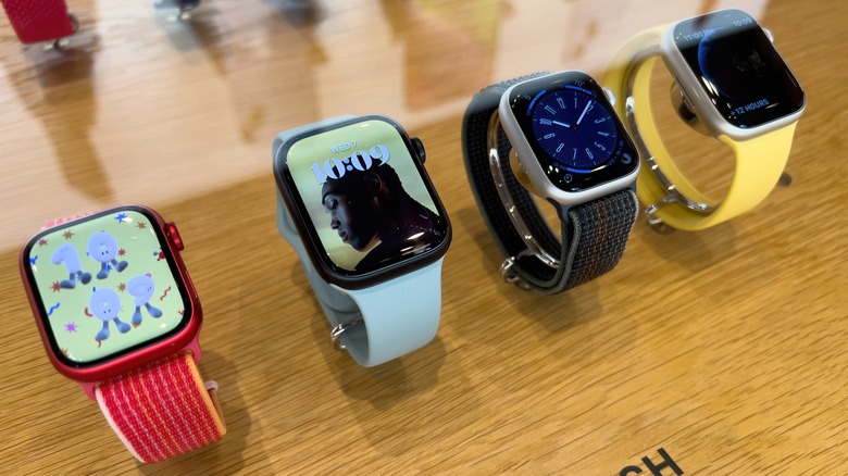 Row of Apple Watch Series 8 on display