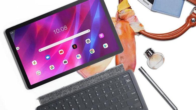 The Lenovo Tab P11 Plus with its keyboard and other accessories.