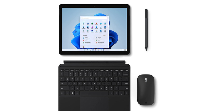 The Microsoft Surface Go 3 with its accessories on a white background.