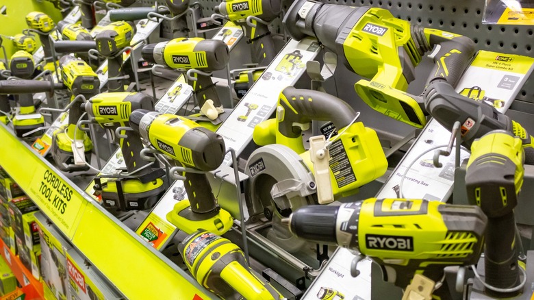 Assortment of Ryobi tools in green