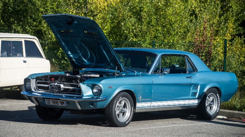 Blue 1967 Mustang with the engine bay open