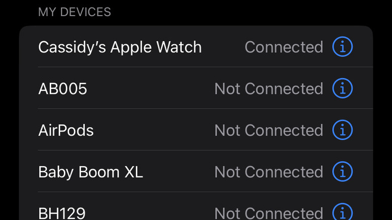 Paired Bluetooth devices list on iPhone