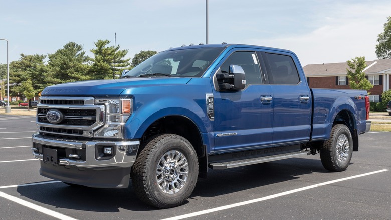 Blue 2022 F250 in parking lot