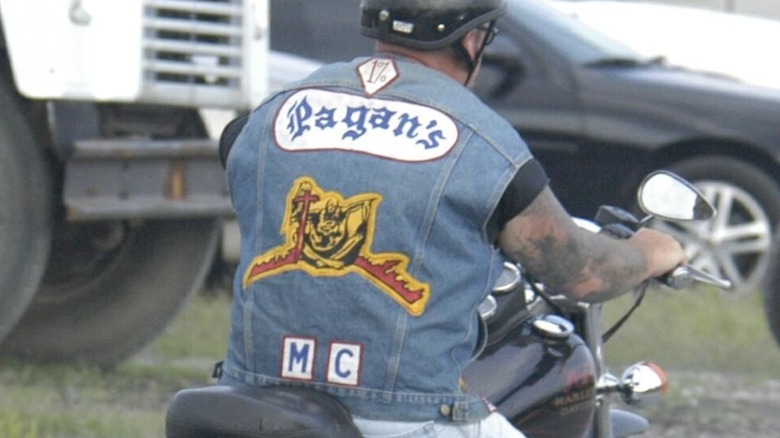 Pagan MC member on his Harley with 1% patch