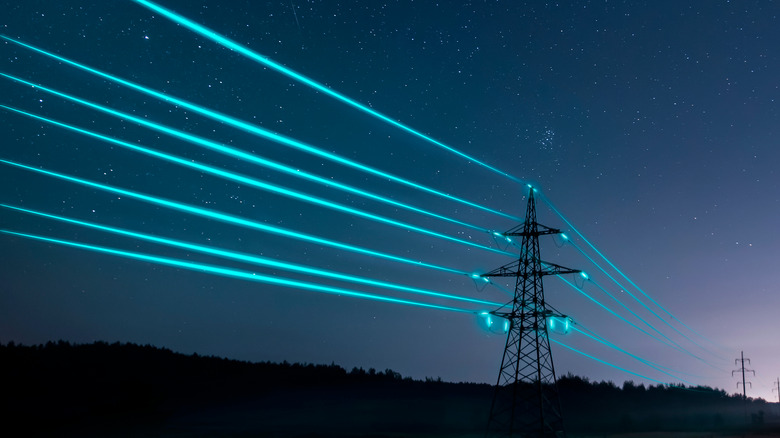 Power lines glowing at night