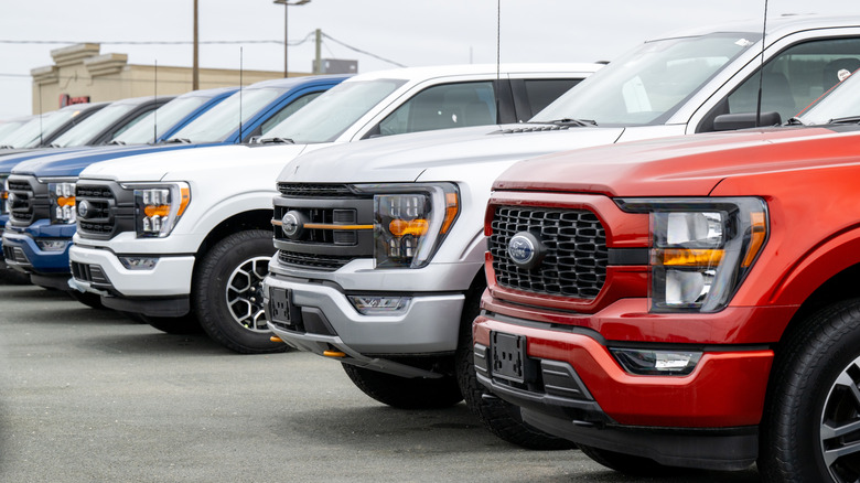 A row of Ford F-150 pickup trucks parked outside a dealership