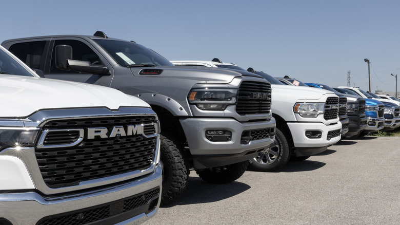 Ram trucks parked outside of a dealership