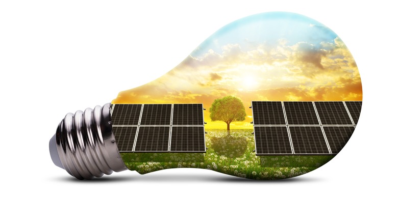 an illustration of an LED bulb with solar panels, tree, grass and the sky inside it