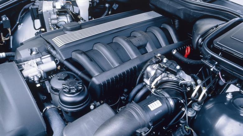 A photograph of an automobile engine bay