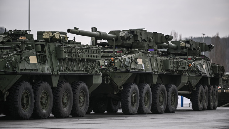 Multiple Strykers moving in formation