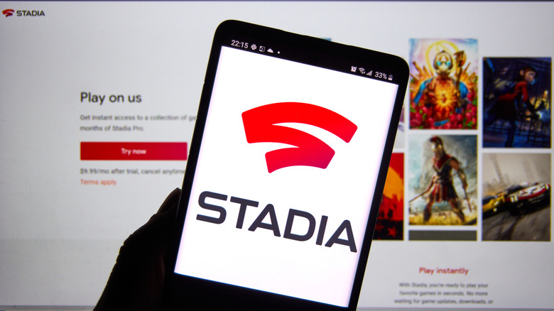 Stadia logo with site in background