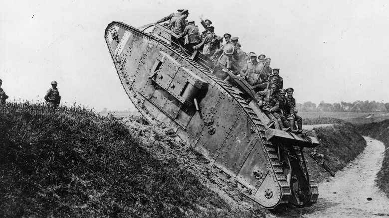 Mark IV tank driven over ridge