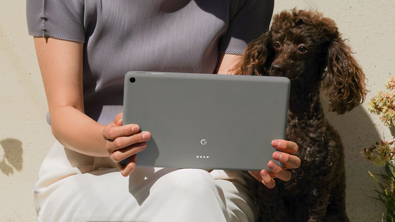 Woman watching tablet with dog