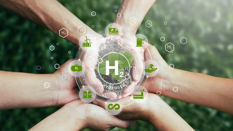 clean hydrogen energy concept art with hands in a circle