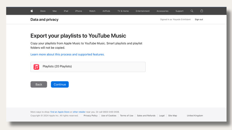 Apple Music playlist export page