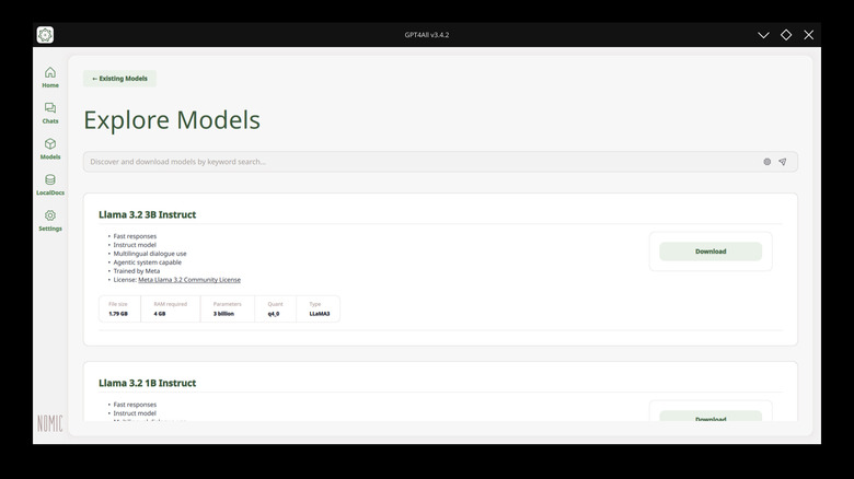 An image of the GPT4ALL Explore Models page for installing new LLMs to the interface