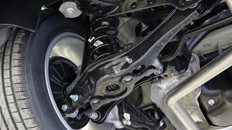 Car suspension and wheel closeup