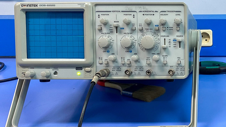 An Instek oscilloscope with an RF cable plugged in