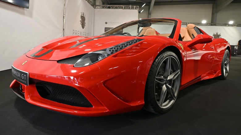 A new Ferrari 458 Speciale on the showroom floor.