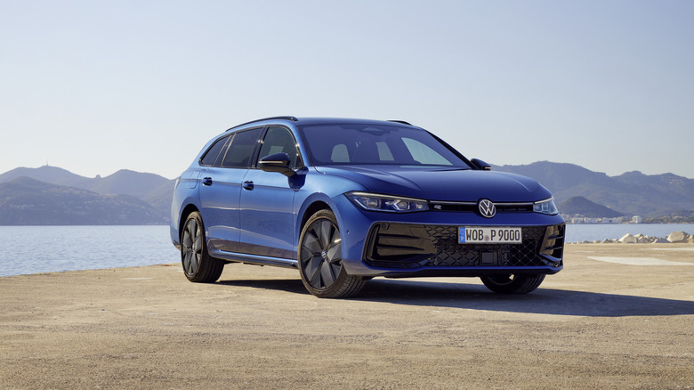 The latest B9 Volkswagen Passat in blue, front 3/4 view