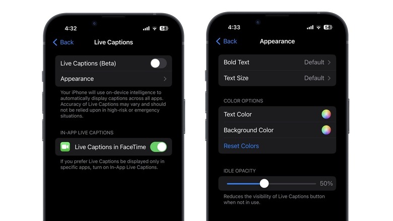 Live Captions settings on iPhone