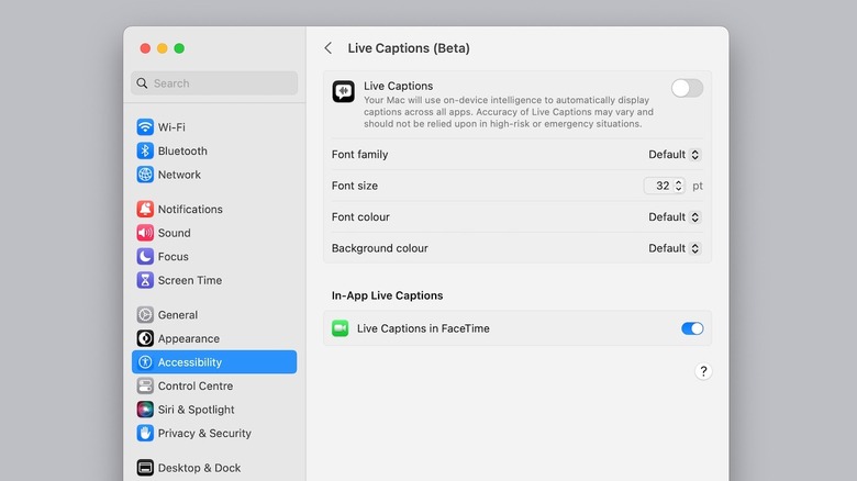 Live Captions settings on Mac