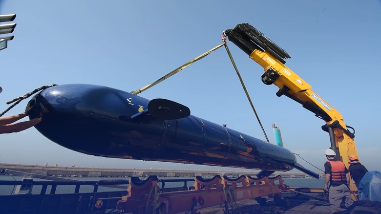 A BlueWhale submarine being lifted up by a crane