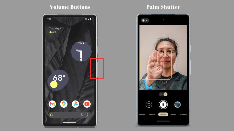 Google Pixel phone with a rectangle box next to volume keys and the palm shutter feature