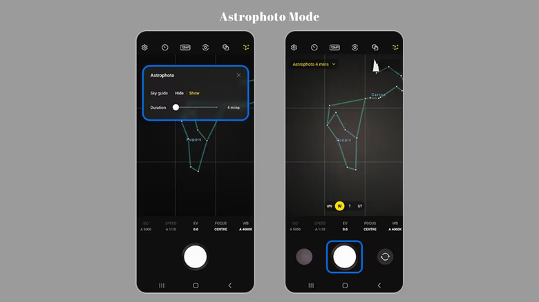 Screenshots depicting Samsung's Astrophoto Mode in action