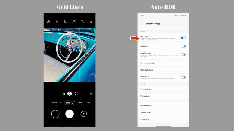 Grid Lines and Auto HDR feature on Android phones