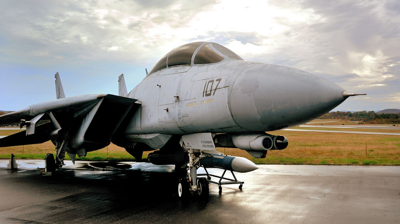 F-14 Tomcat estacionado em asfalto