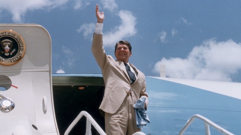 Ronald Reagan waving outside SAM 27000