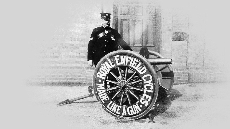 Maxim machine gun with Royal Enfield slogan on wheels