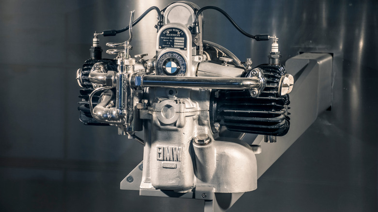 BMW flat twin motorcycle engine on display