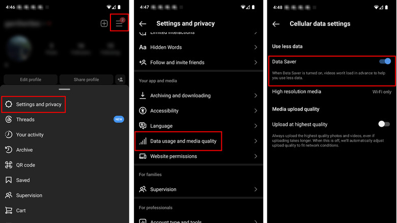 Instagram data saver options on a cell phone