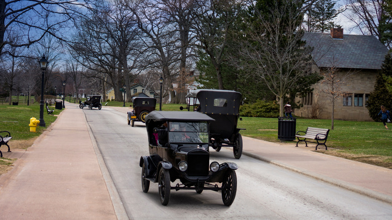 Ford Model T's on a street in Greenfield Village