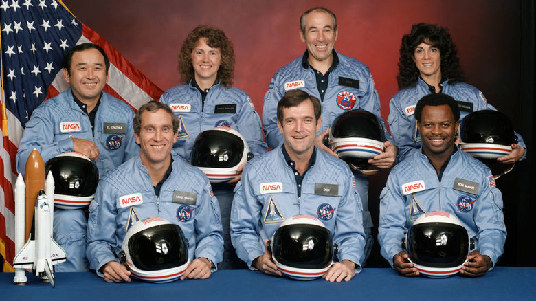 STS-51L crew members Michael J. Smith, front row left, Francis R. "Dick" Scobee, Ronald E. McNair; Ellison S. Onizuka, back row left, S. Christa McAuliffe, Gregory B. Jarvis, and Judith A. Resnik.