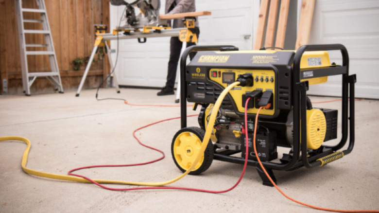 Champion generator with man using saw in background